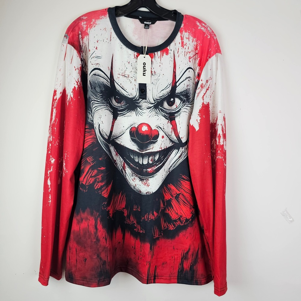 Ouku Mens Evil Horror Clown Graphic Henley Long Sleeve Shirt Red White Black XL